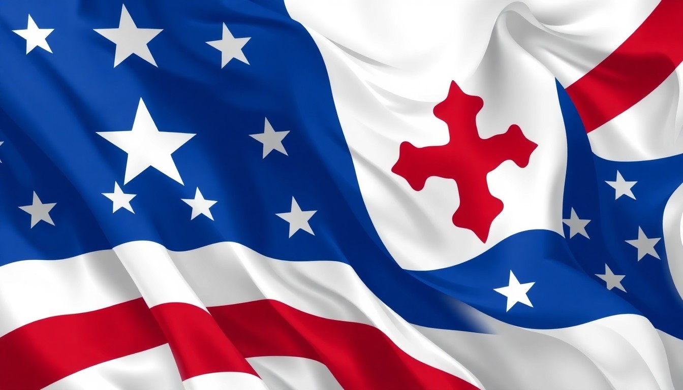 A vibrant, abstract painting of a Massachusetts state flag waving in the wind, with the stripes and stars repeated in overlapping, fractured geometric patterns of blue, red, and white.