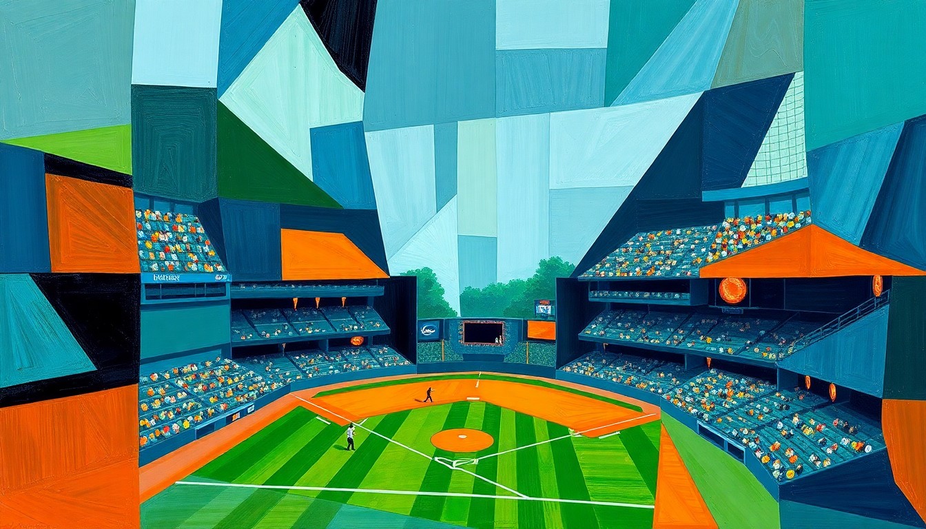 A fragmented, geometric painting depicting a baseball game, with sharp planes of color and overlapping shapes representing the dynamic action on the field.