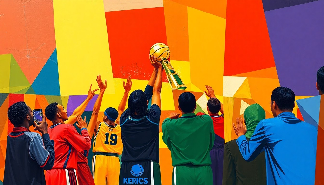 A cubist-style painting featuring fragmented geometric shapes in bright team colors, representing the energy and community of a college basketball awards ceremony.