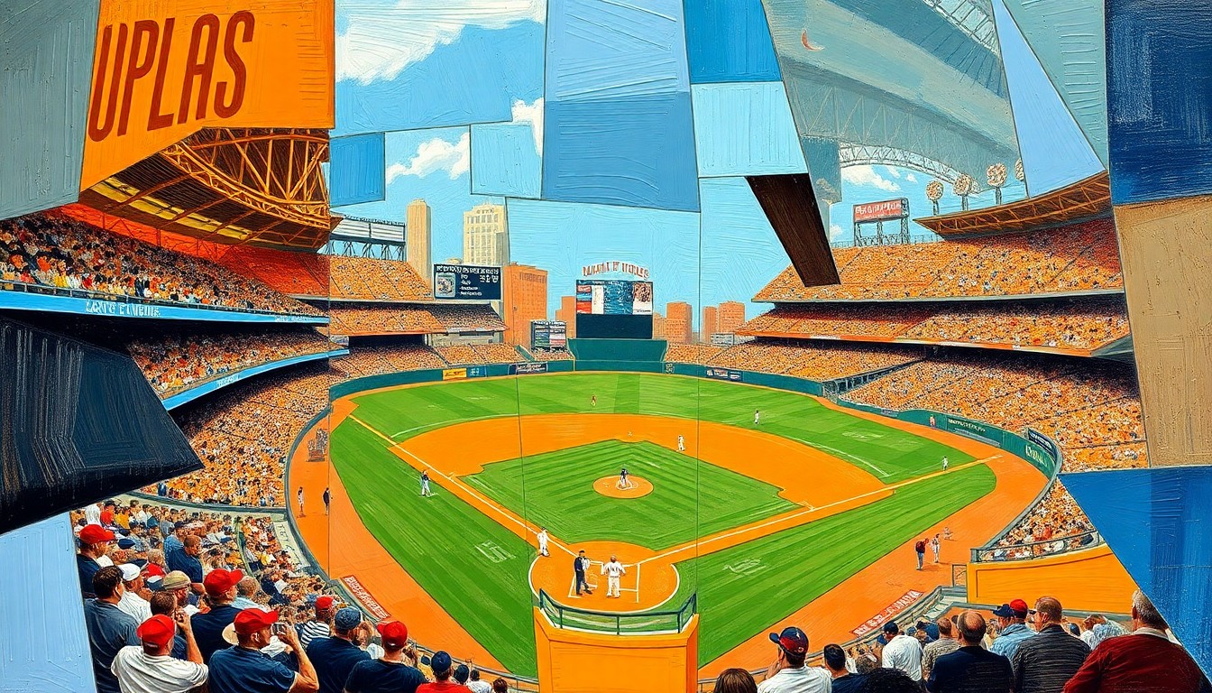 A fragmented, geometric painting in bold colors depicting the dynamic motion and competition of a baseball game.