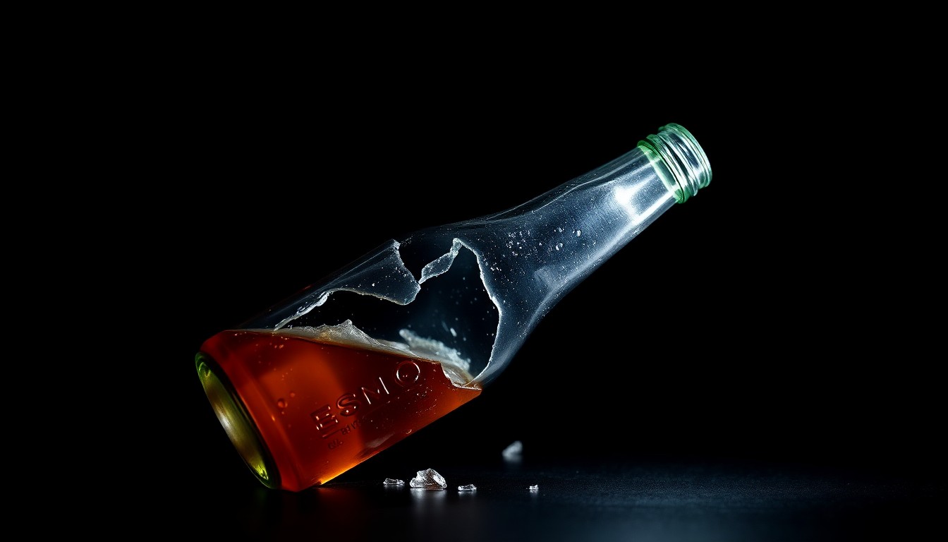 An extreme close-up photograph of the shattered glass and spilled liquid of a broken liquor bottle, captured with a harsh, direct camera flash against a pitch-black background, conceptually representing the vandalism and destruction alleged in this incident.
