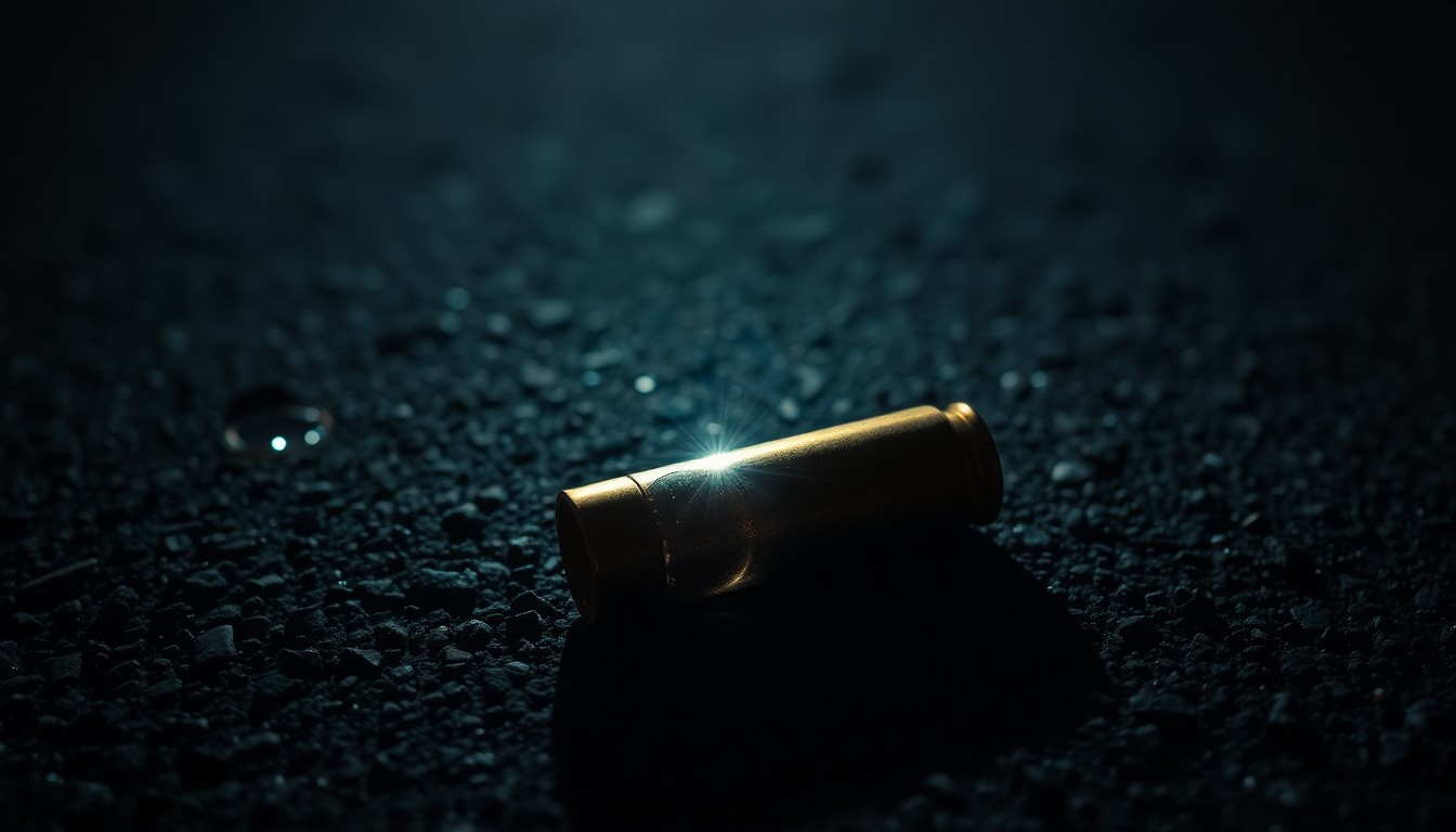 An extreme close-up photograph of a spent bullet casing on a dark asphalt surface, lit by a harsh, direct camera flash, conceptually illustrating the aftermath of a sudden, violent confrontation.