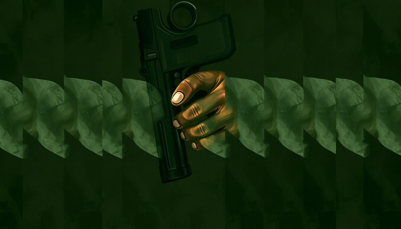 A fragmented, abstract painting depicting a hand holding a handgun, with the image repeated in overlapping geometric shapes in shades of green and grey, conveying a sense of motion and tension around the issue of personal firearms on military installations.