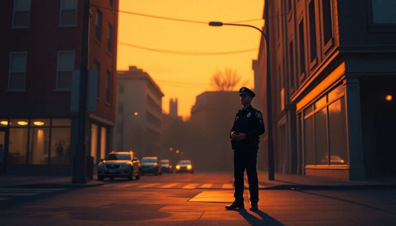 A photorealistic oil painting in the style of Edward Hopper, depicting a single police officer standing on a dimly lit urban street corner, surrounded by deep shadows and warm, golden sunlight, capturing a sense of solitude and unease.