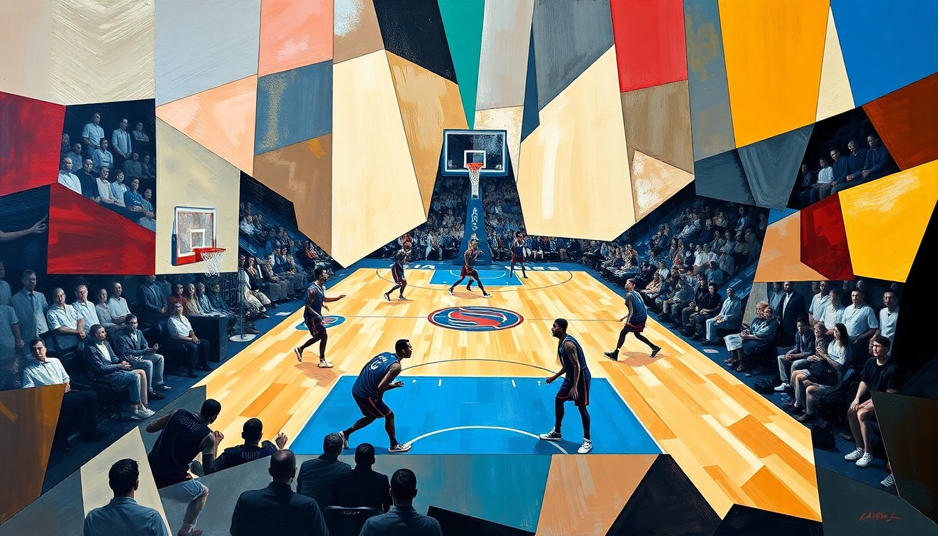 A fractured, geometric painting depicting a basketball game in abstract shapes and angles, capturing the raw energy and competition of the sport without any identifiable players or teams.