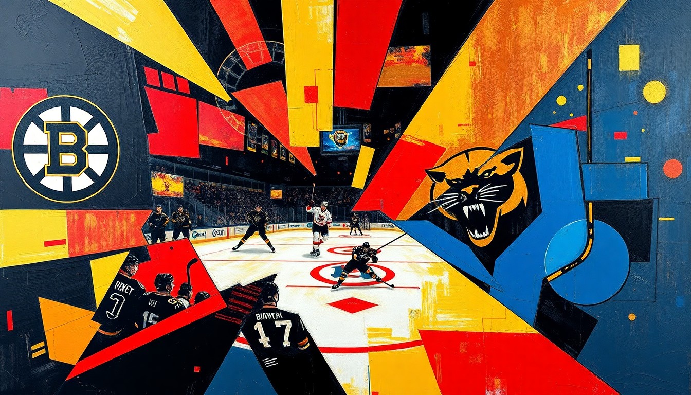 A cubist, geometric painting depicting a hockey game, with overlapping planes of black, gold, red, and blue representing the action on the ice between the Bruins and Panthers.