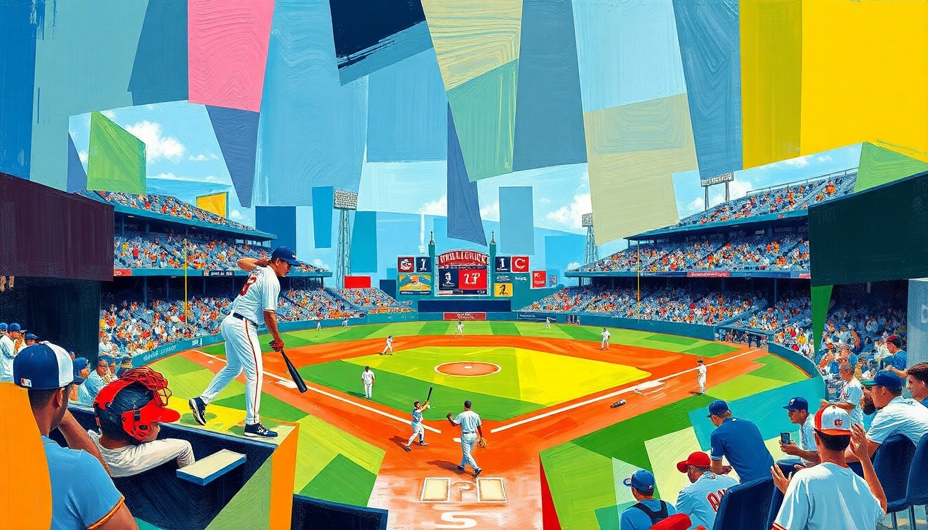 A fractured, cubist-style painting depicting a college baseball game, with sharp geometric planes in the team colors overlapping to create a dynamic, abstract visual representation of the action on the field.