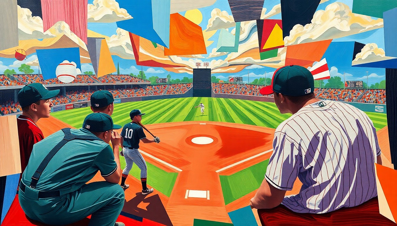 A cubist, fragmented painting featuring overlapping geometric shapes and planes in bright colors, representing the dynamic action and competition of a high school baseball game.