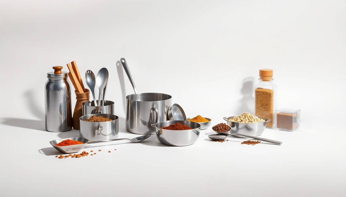 A high-end, photorealistic studio still-life photograph featuring a collection of premium, polished metal cooking utensils and spices arranged elegantly on a clean, monochromatic seamless background, conceptually representing the operational challenges faced by Bombay Kitchen.