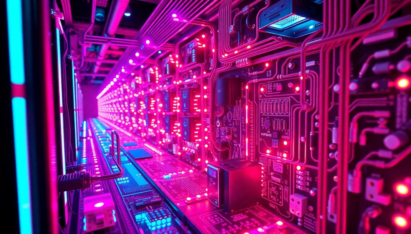 A highly detailed, glowing 3D macro illustration of a complex circuit board or data center infrastructure, with neon cyan and magenta lights illuminating the intricate components, conceptually representing the scale and complexity of the technology powering the tech industry while hinting at the human impact of automation and layoffs.