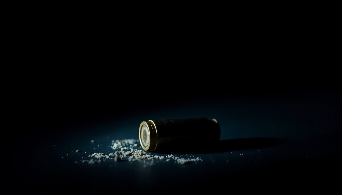 An extreme close-up photograph of a spent bullet casing, its metallic surface and grooves dramatically illuminated by a harsh, direct camera flash against a pitch-black background, conceptually representing the gritty investigative process of a violent crime.