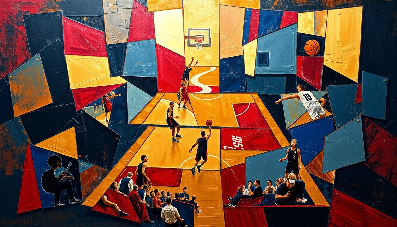 A cubist, geometric painting depicting a fragmented basketball game, with sharp planes of navy, crimson, and gold colors representing the high-stakes tension around obtaining Final Four tickets.