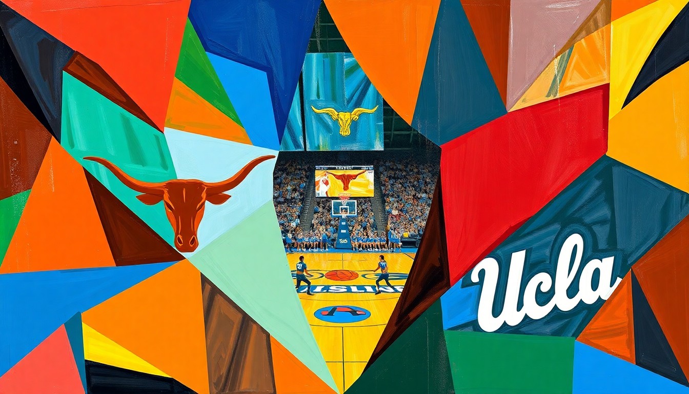 A fractured, multi-perspective painting in bold, geometric shapes and colors, representing the intense action and competition of a women's basketball game between the Texas Longhorns and UCLA Bruins.