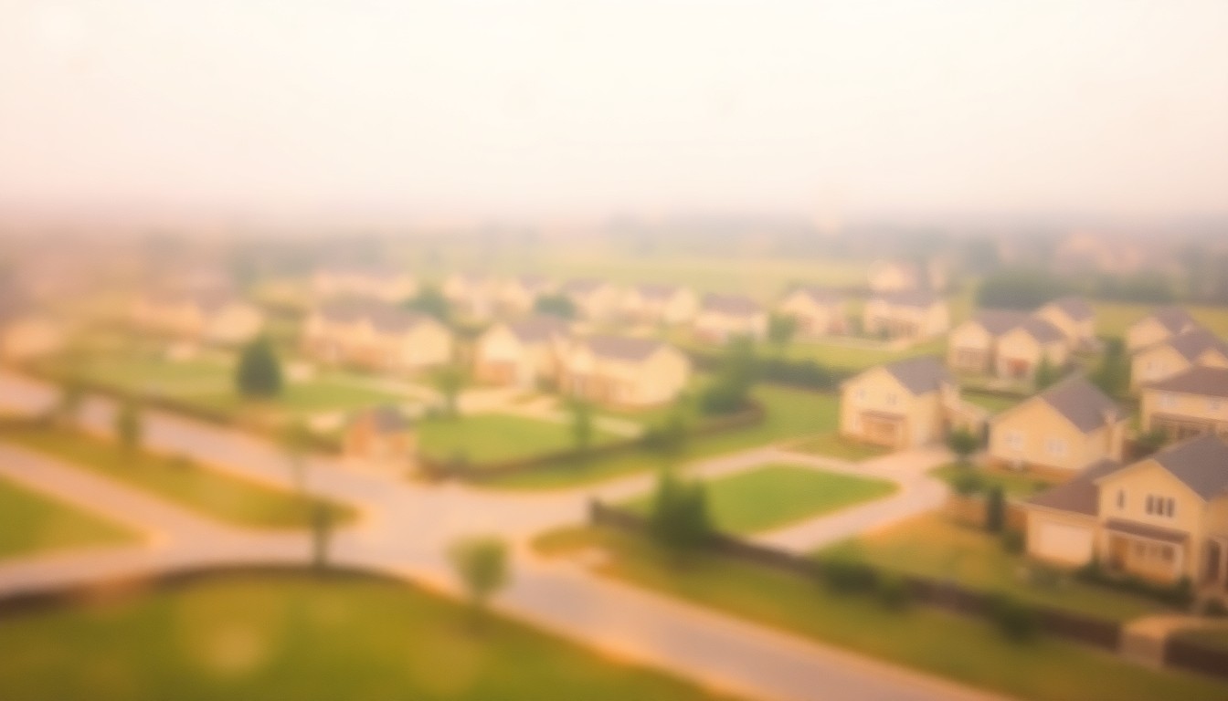 An extremely blurred, impressionistic scene of new suburban homes emerging from a lush, green landscape, with soft pools of warm light and color creating an atmospheric, dreamlike quality.