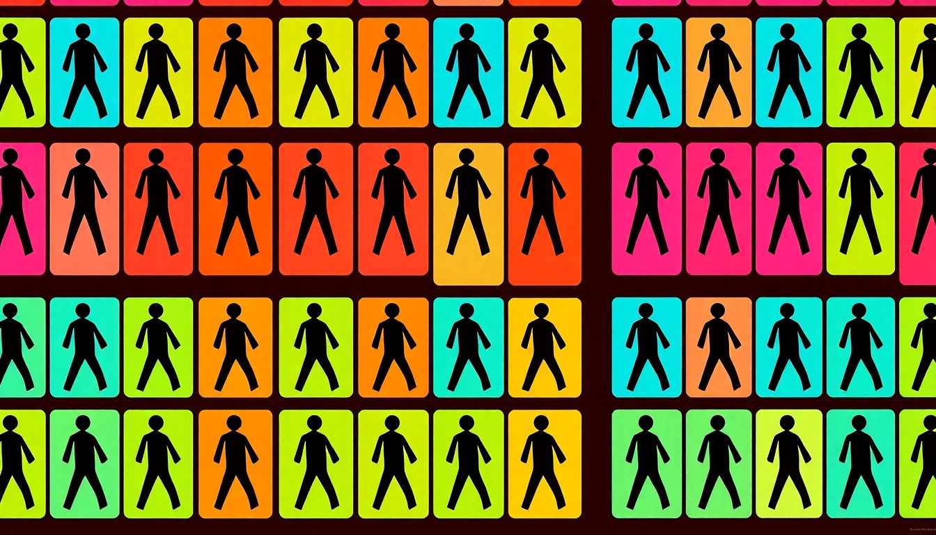 A bold, colorful silkscreen-style illustration featuring a grid of stylized pedestrian crossing signs in bright neon hues, conceptually representing the community's demands for improved street safety measures.