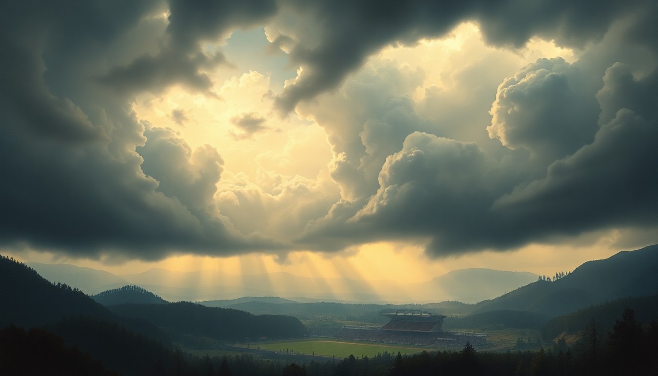 A vast, atmospheric landscape painting depicting heavy rain and stormy skies, with the outline of athletic facilities barely visible in the distance, conveying the overwhelming power of nature disrupting local sporting events.