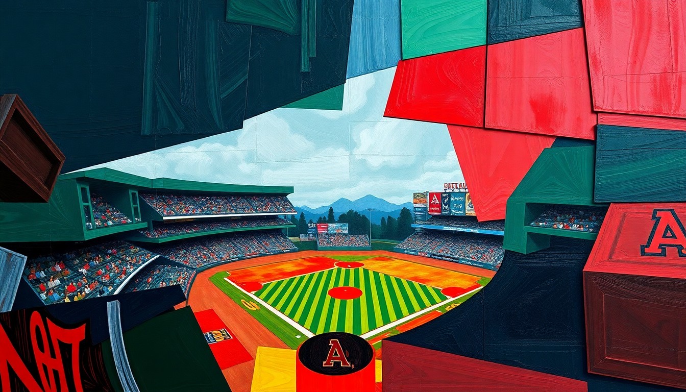 A fragmented, geometric painting in bold colors depicting various baseball actions and players, conveying the competitive spirit of the matchup between the two high school teams.
