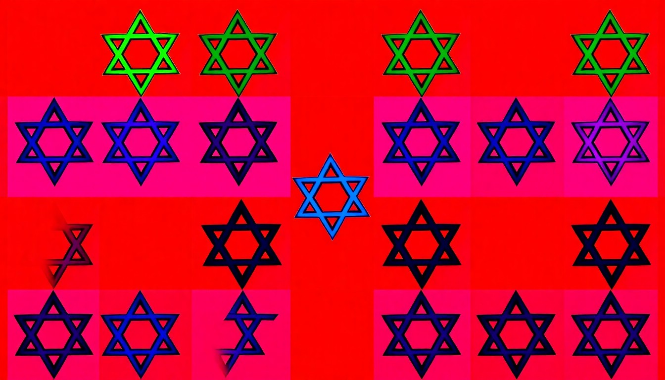 A brightly colored, high-contrast silkscreen print of a Jewish Star of David symbol repeated in a tight grid pattern, with the symbol rendered in vibrant neon colors overlapping with heavy black photographic outlines, conceptually representing the demonization of Jewish identity and symbols in California's education system.