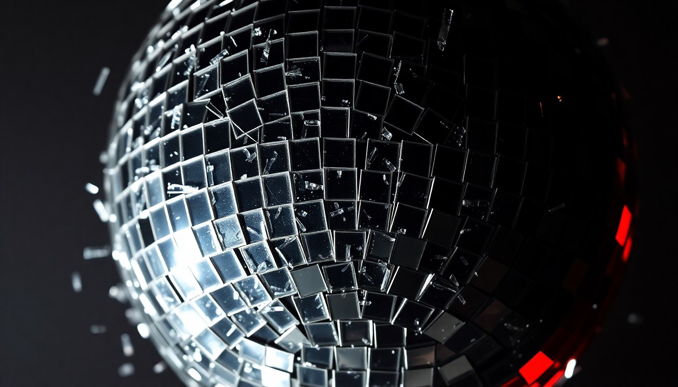 An abstract close-up image of shattered glass reflecting dramatic studio lighting, conveying the fractured relationships and high-tension drama of the Real Housewives cast.