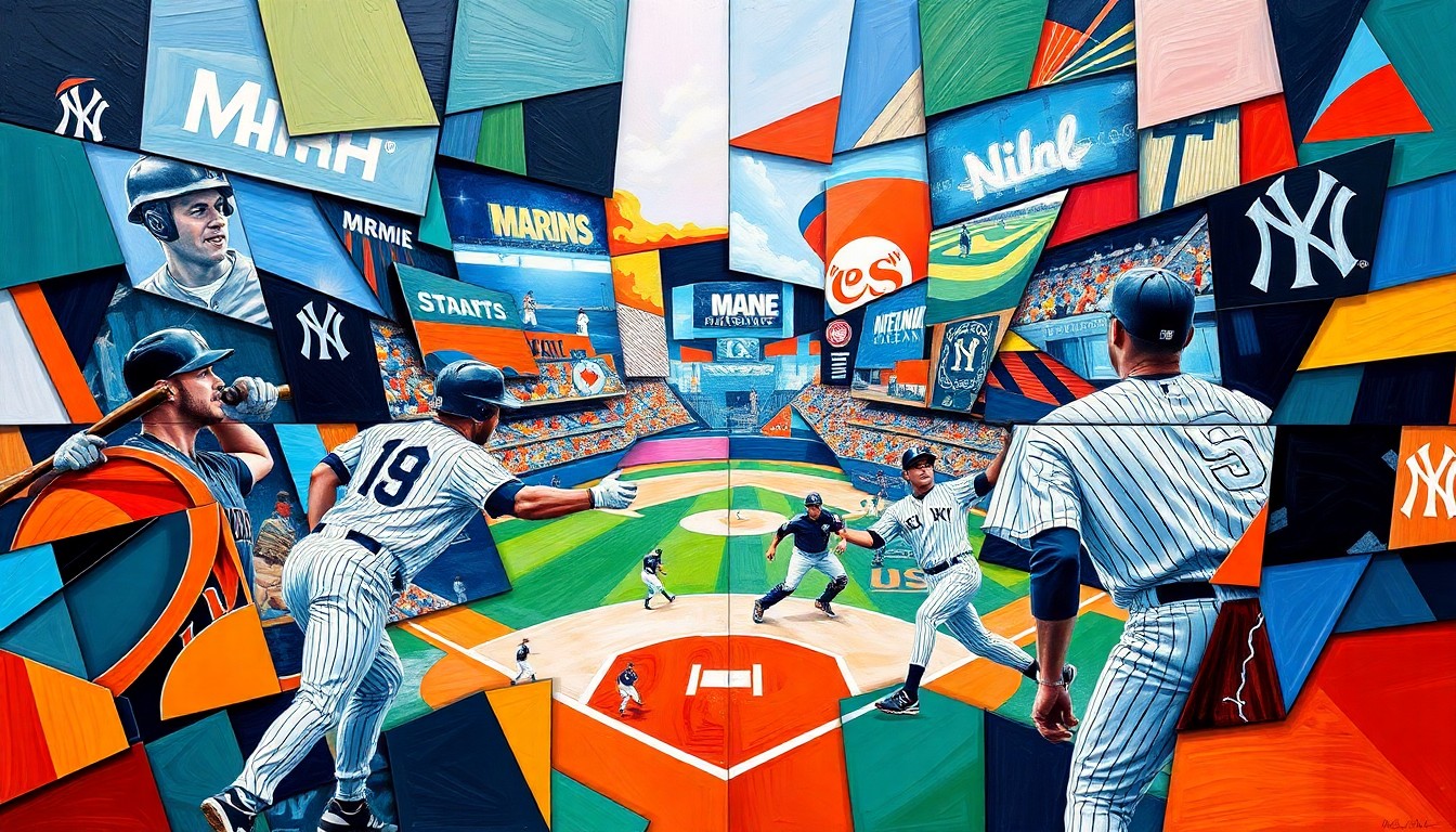 A cubist, geometric painting depicting a baseball game between the Miami Marlins and New York Yankees, with the players' uniforms and the field breaking down into sharp, overlapping planes of color.