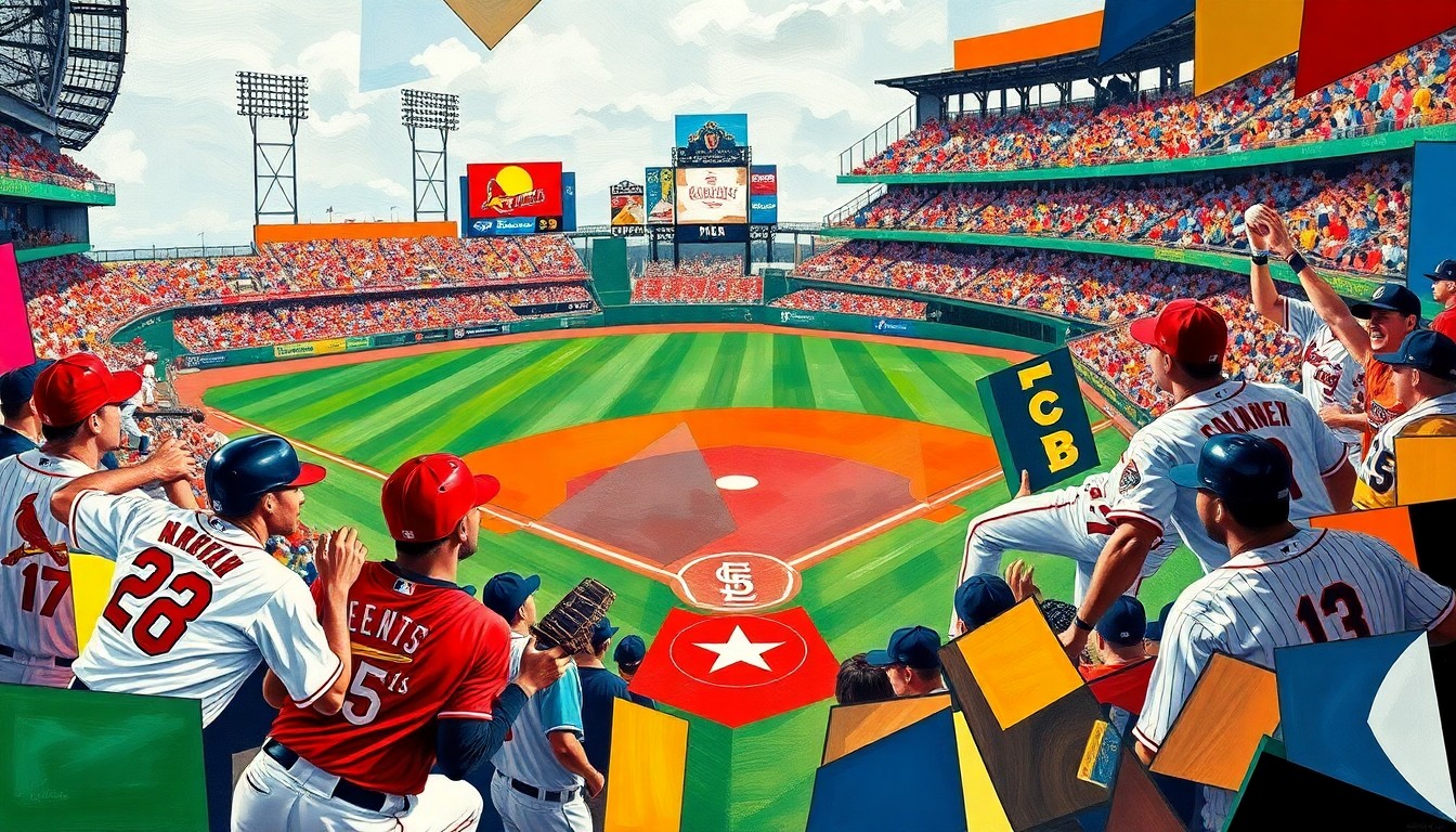 A cubist, geometric painting depicting a baseball game, with sharp, overlapping planes of color representing the players and action on the field.