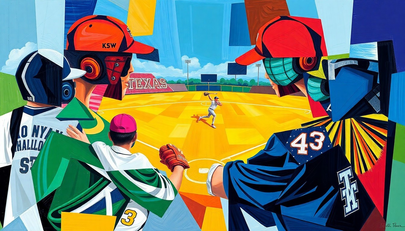 A fragmented, geometric painting in bold colors representing the back-and-forth action of a college softball game, with no identifiable players or teams.