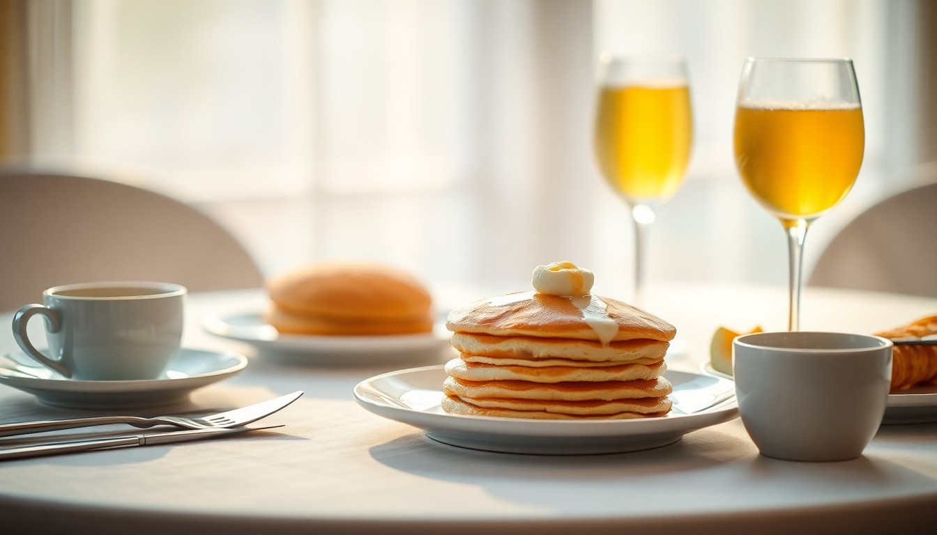 An out-of-focus photograph depicting a table set with brunch items like pancakes, coffee, and a mimosa, all captured in a soft, hazy light that evokes the cozy and indulgent atmosphere of a weekend brunch.