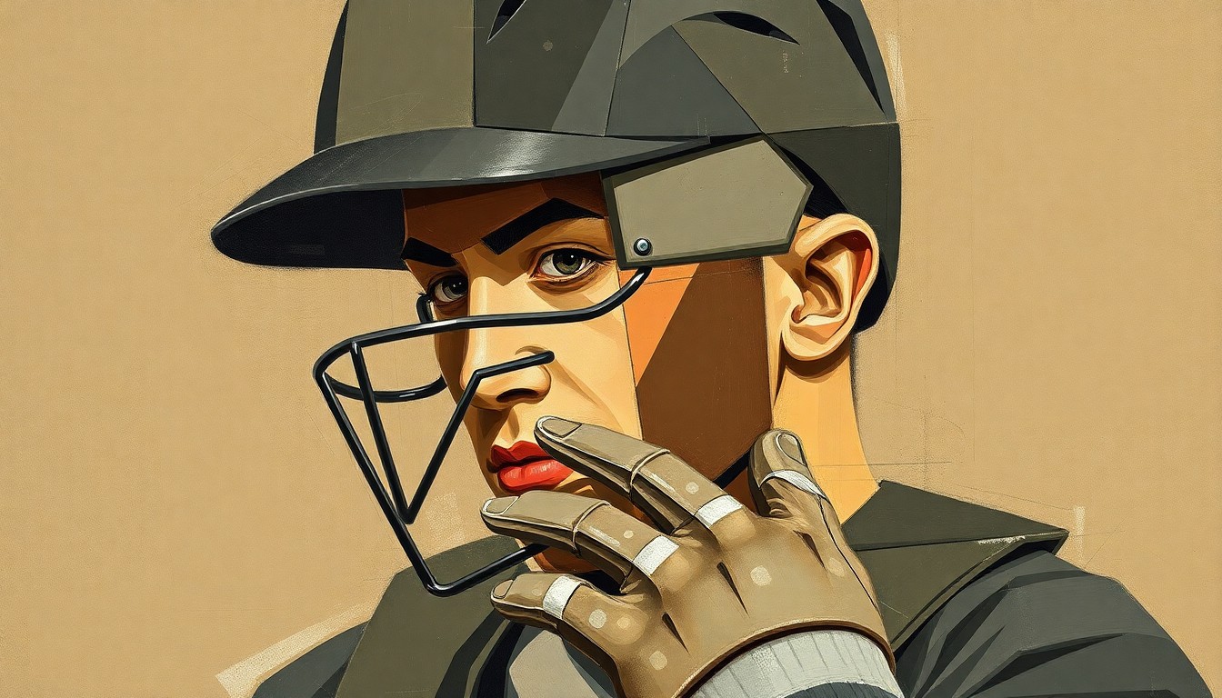 A cubist, fragmented painting depicting a baseball catcher in various overlapping perspectives, using muted earth tones to capture the complex movements and defensive prowess of the position.