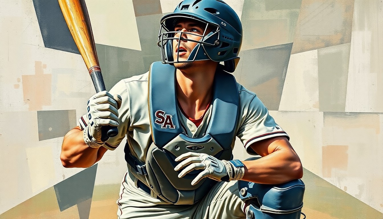 A cubist-style painting depicting the fragmented equipment and movements of a baseball catcher, conveying the disruption caused by an injury to a key player.