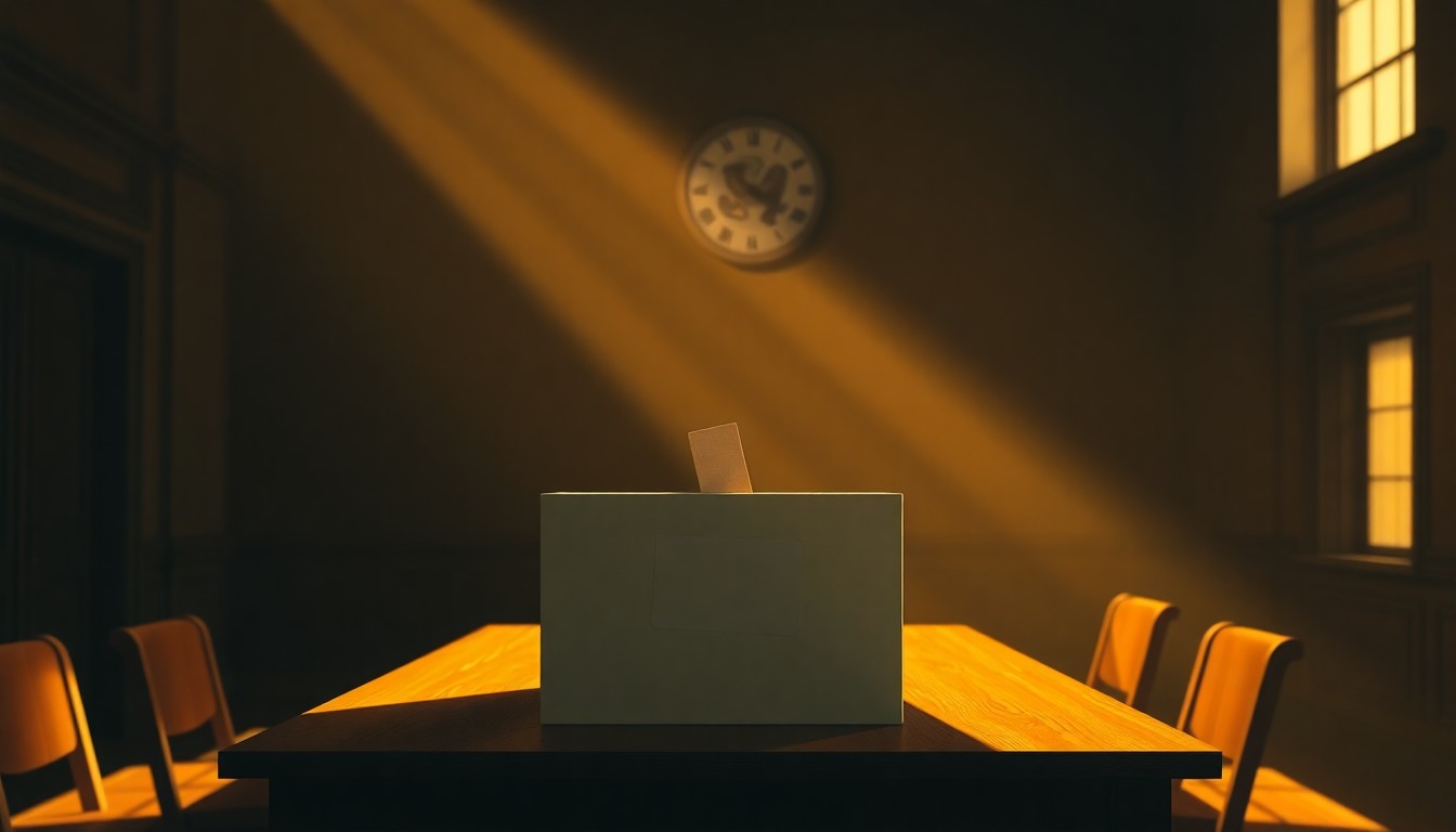 A close-up view of an old, wooden ballot box sitting alone on a table in a dimly lit government office, with warm sunlight streaming in through a window and casting deep shadows across the scene, conveying a sense of quiet contemplation around the challenges of administering elections.