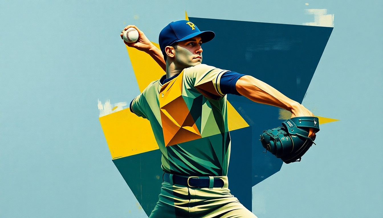 A fragmented, geometric painting depicting the pitching motion of a baseball player, with the figure broken down into sharp, overlapping planes of navy, green, and ochre, conveying the technical adjustments made to the pitcher's mechanics.