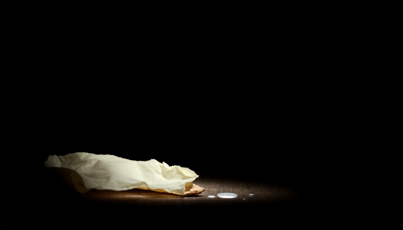 An extreme close-up photograph of an unidentifiable broken or torn object, lit by a harsh camera flash against a pitch-black background, conceptually representing physical evidence from a violent crime scene.