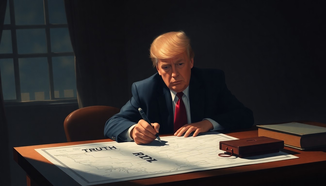 A cinematic painting of Donald Trump sitting at a desk, marker in hand, as he scribbles over a map, conceptually illustrating the former president's history of altering official documents and maps.
