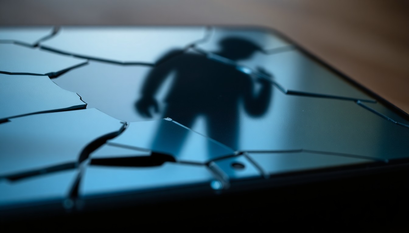 An extreme close-up photograph of a shattered smartphone screen with a faint, shadowy reflection, conceptually representing the investigative nature of this cybercrime case.