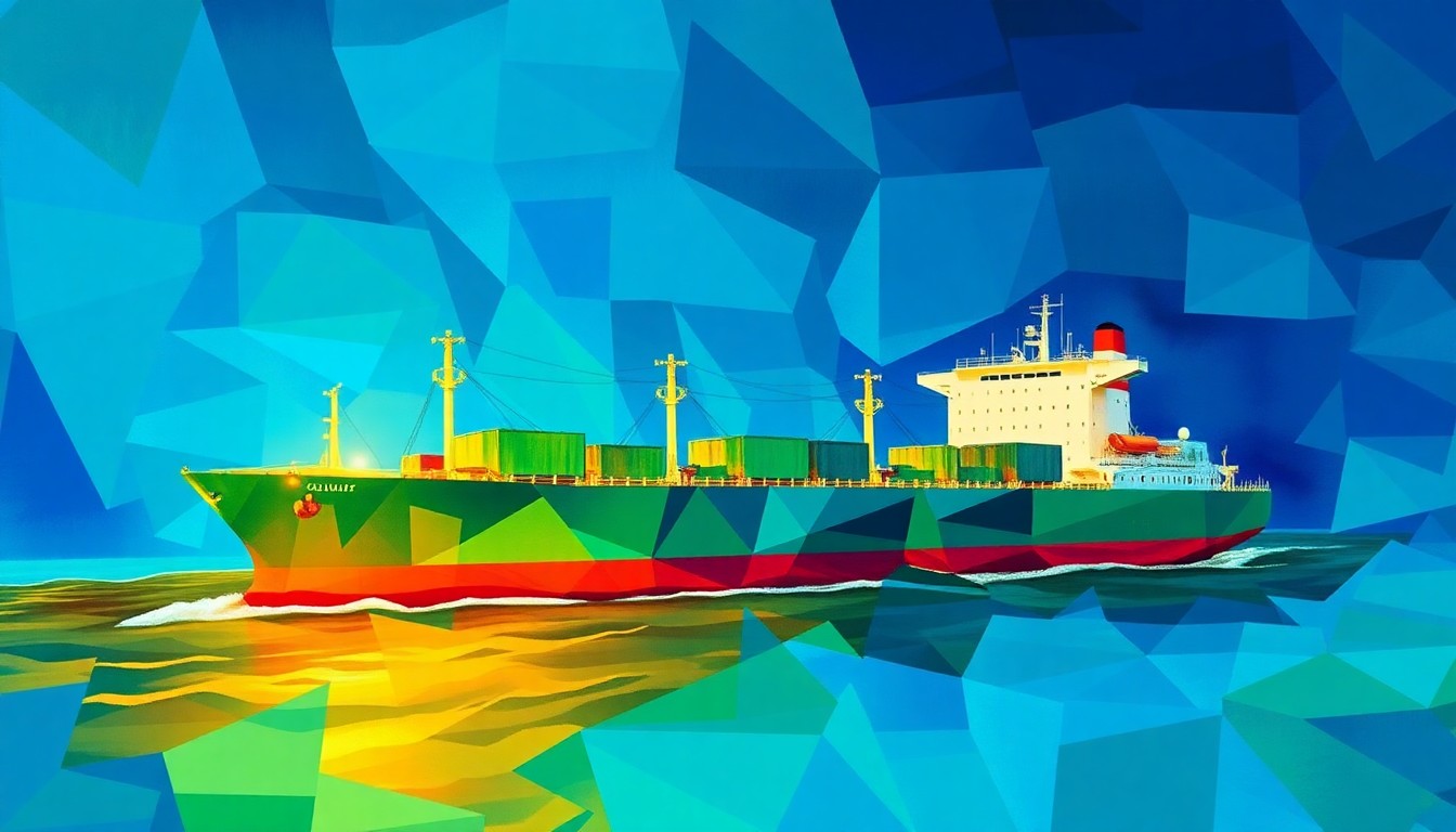 A dynamic, fragmented painting of an oil tanker ship in overlapping geometric shapes and waves of bright blue, green, and orange colors, conveying the disruption and volatility in global energy markets caused by the blockade of the Strait of Hormuz.