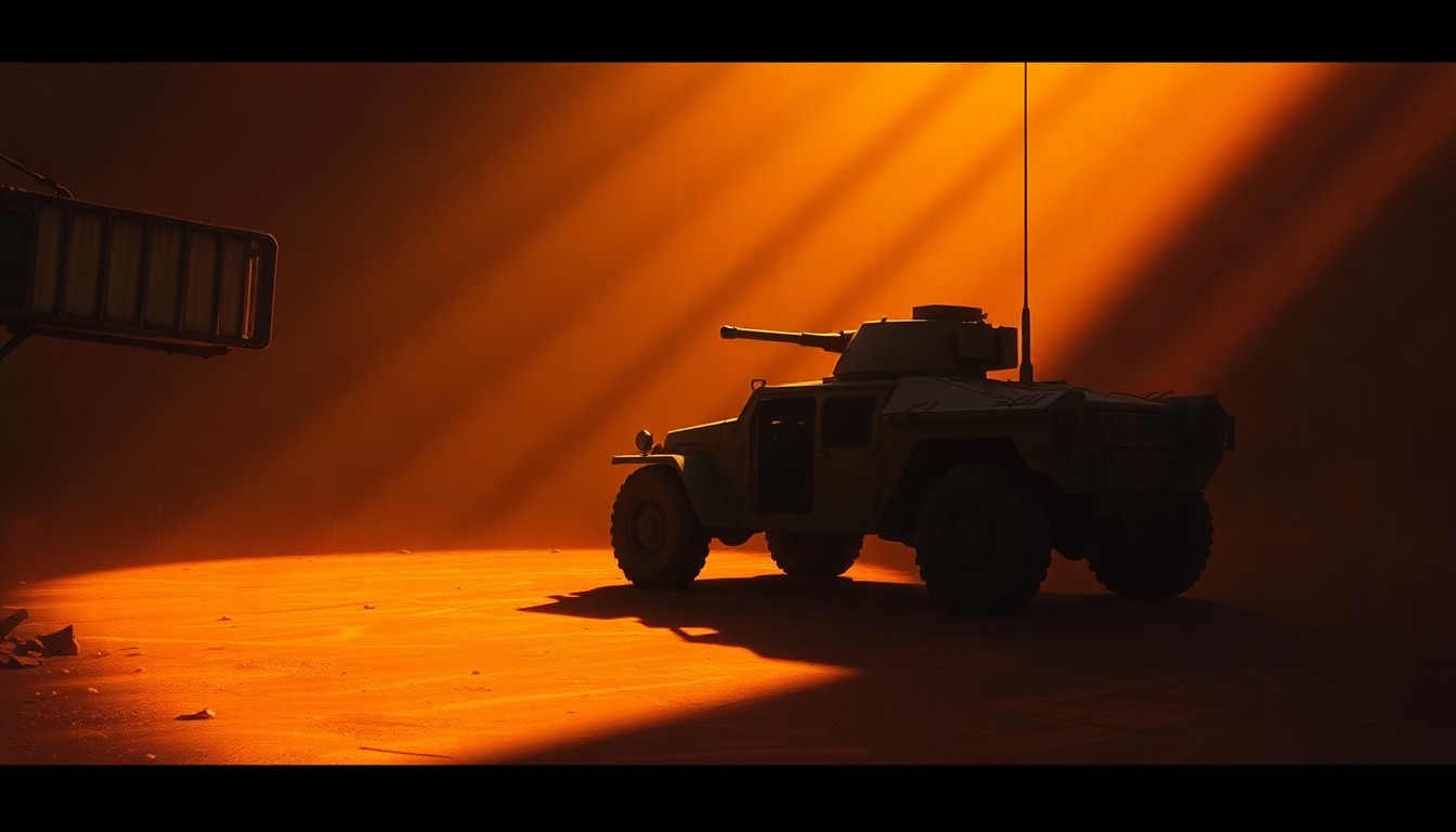 A dimly lit, cinematic painting of a lone military vehicle or weapon partially obscured by shadows, conveying a sense of uncertainty and tension during wartime.