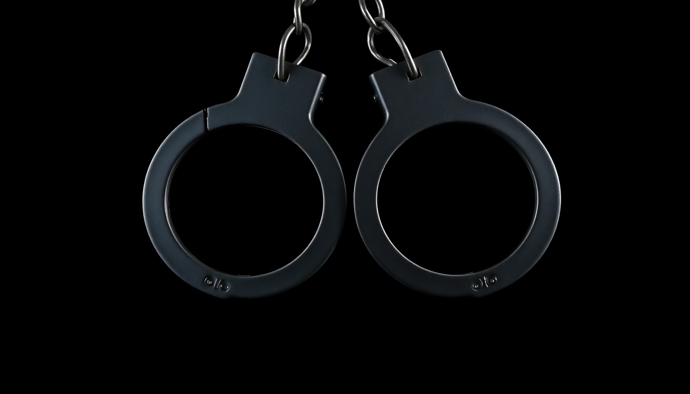 An extreme close-up photograph of a pair of metal handcuffs against a stark black background, conceptually representing the arrest of a suspect in a disorderly conduct case.