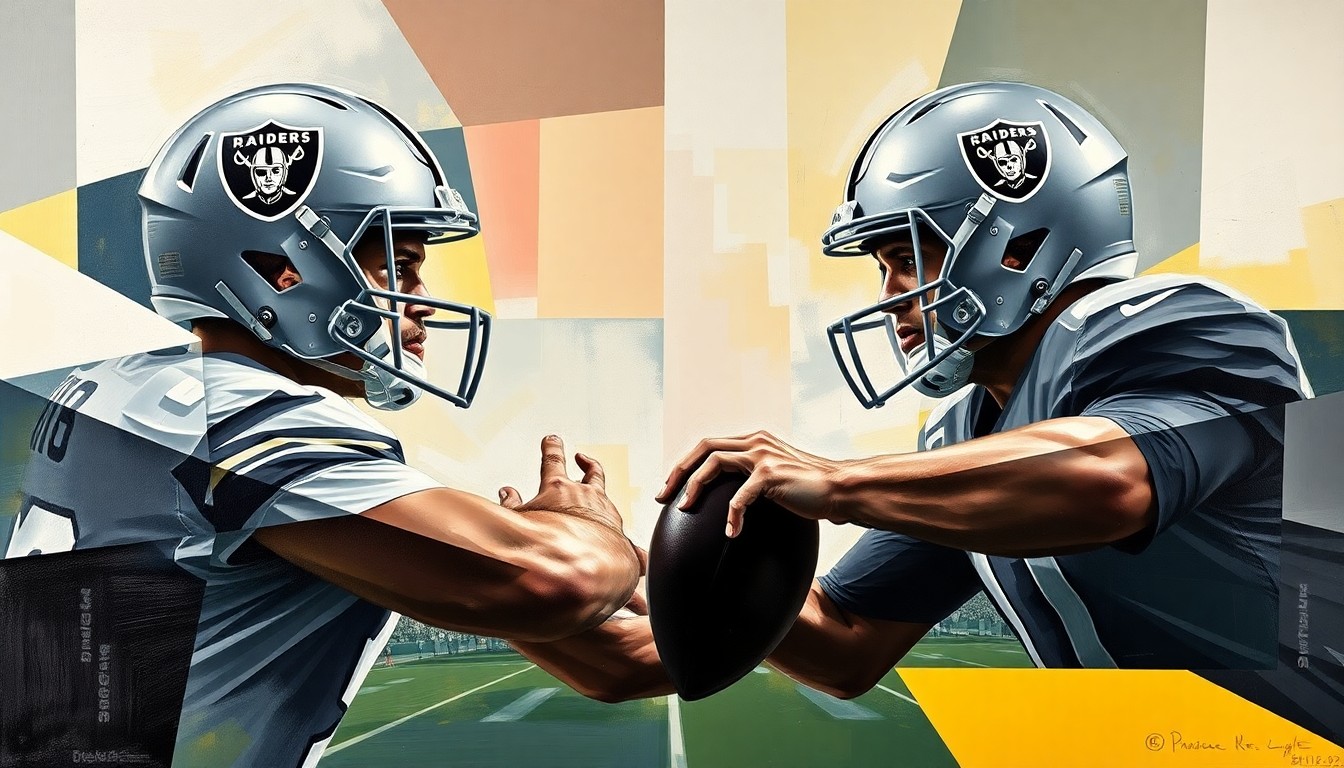 A fractured, multi-perspective painting depicting a football game or practice, with the players and field broken down into sharp, overlapping geometric shapes and planes in a cubist style, capturing the dynamic energy of the sport.