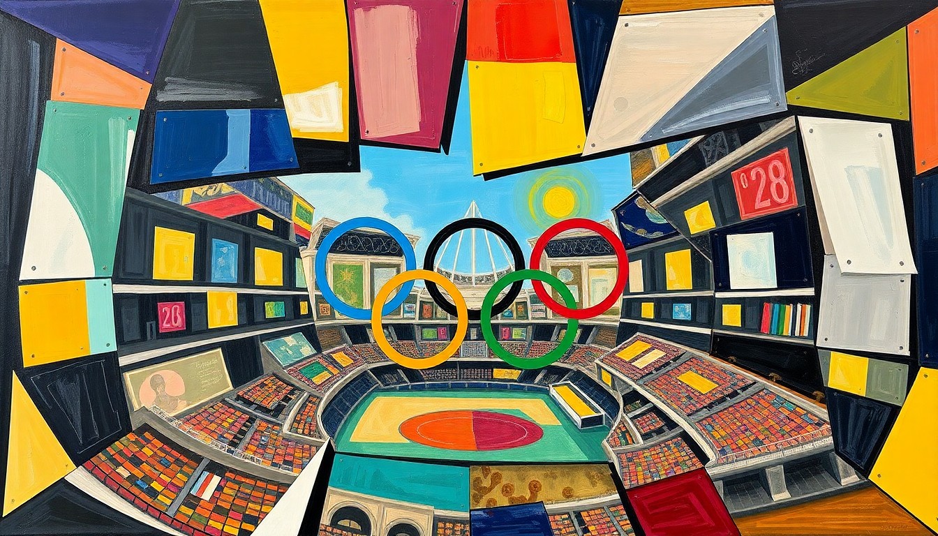 A cubist, geometric painting depicting fragmented and overlapping shapes in vibrant colors, representing the complex dynamics of the 2028 Olympics ticket sales and resale program.