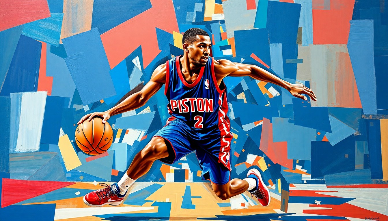 A cubist, geometric painting depicting a basketball player in motion, with sharp, overlapping planes of blue and red representing the Pistons' uniform colors.