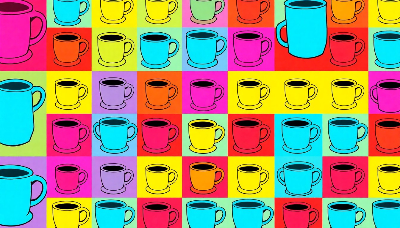 A bold, colorful silkscreen illustration featuring a repeated image of a traditional Yemeni coffee cup or pot in a grid pattern, capturing the modern and culturally-rich atmosphere of the new coffee shop.
