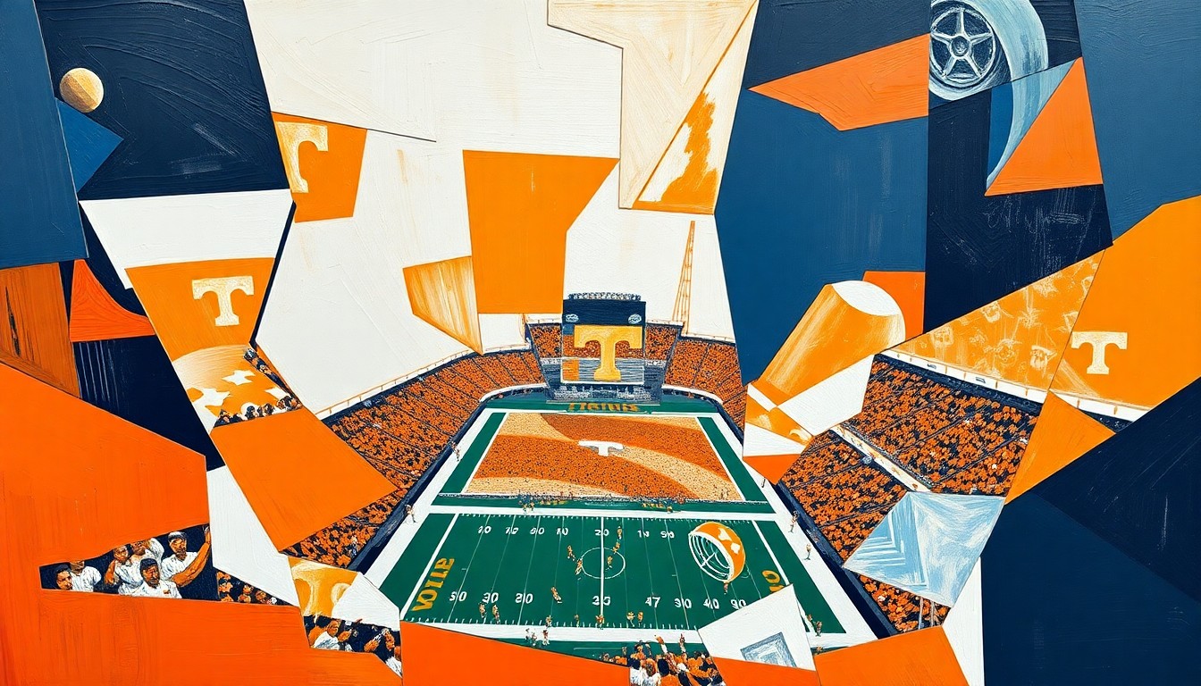 A cubist, geometric painting in vibrant orange, white, and navy blue, depicting fragmented and overlapping scenes of a Tennessee football game, capturing the energy and movement of the sport.