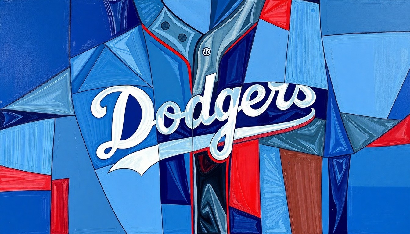 A fragmented, geometric painting in shades of blue, red, and gray, capturing the dynamic energy and visual complexity of the Dodgers' new alternate baseball jersey design.