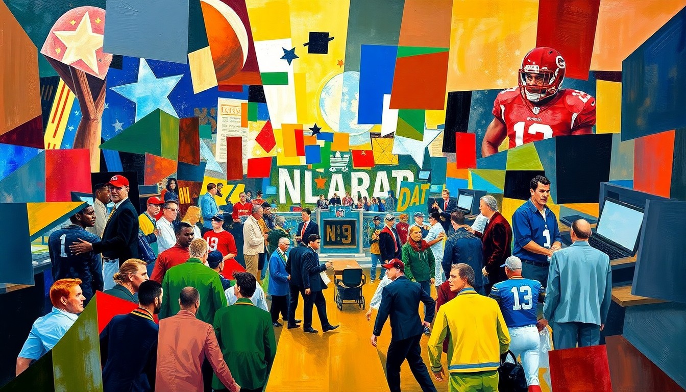 A fragmented, geometric painting depicting the chaos and complexity of NFL draft day trades, with sharp planes of color and overlapping shapes representing the various teams and pick positions in flux.