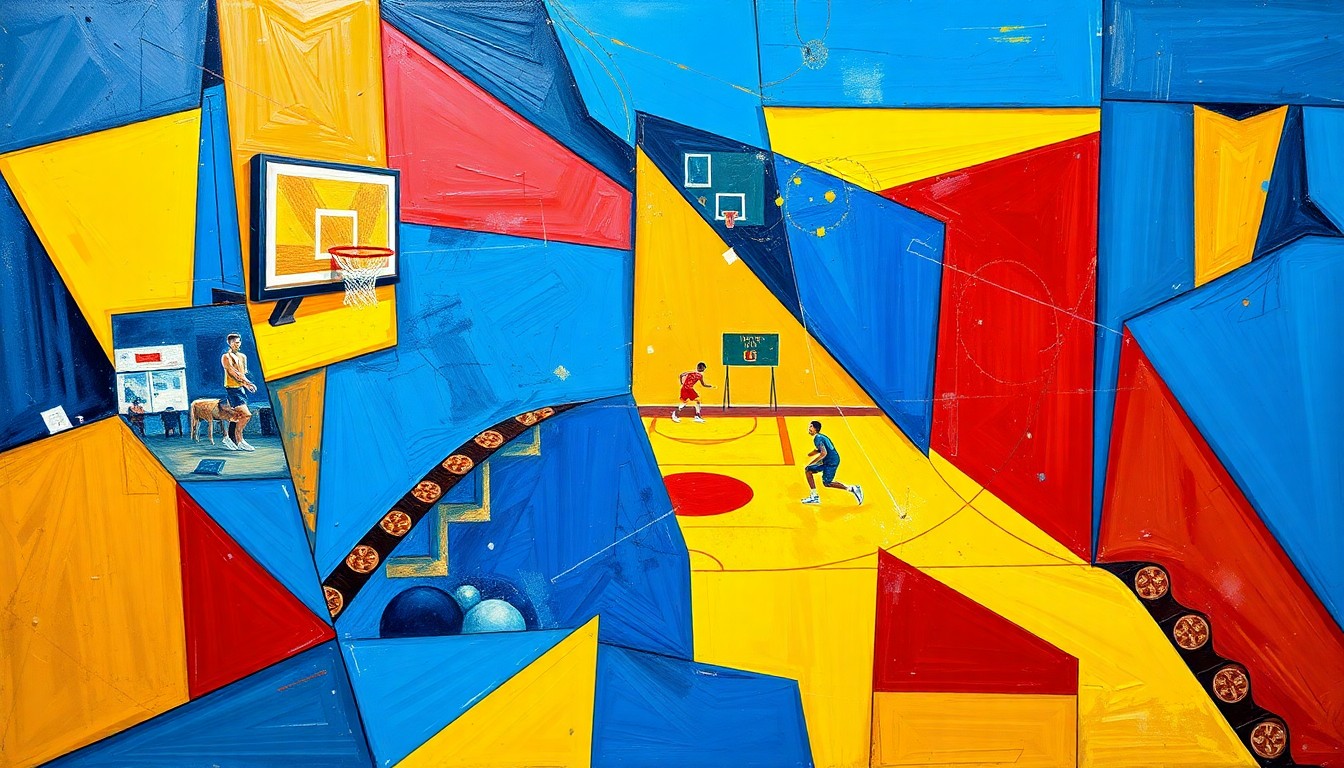 A cubist, geometric painting depicting a fragmented basketball game or match, with sharp, overlapping planes of vibrant colors like royal blue, golden yellow, and crimson red, conceptually representing the Warriors' desperation to add another superstar to their roster.