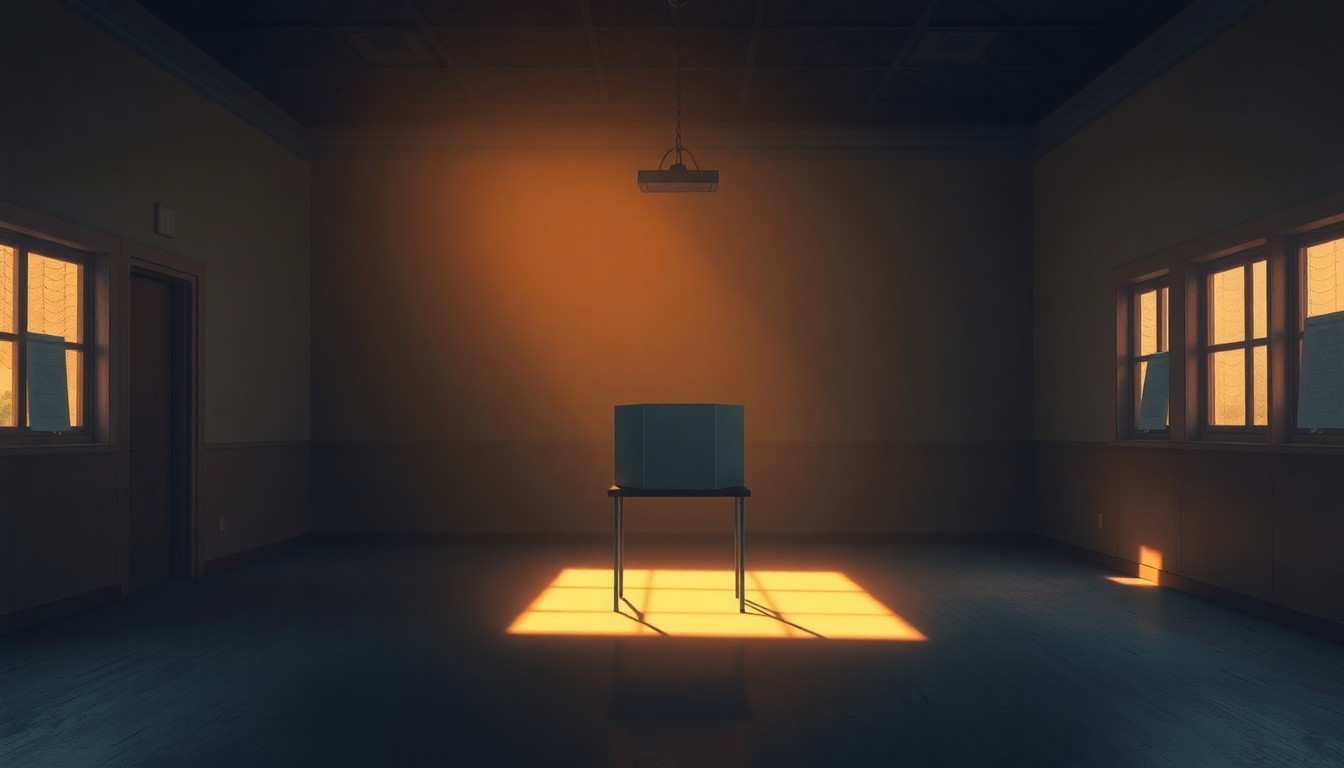 A dimly lit, cinematic painting of an empty polling station interior, with a single voting booth bathed in warm, diagonal sunlight and deep shadows, conveying the solemnity and civic duty of the electoral process.