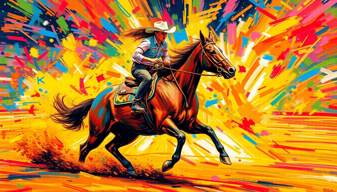 An abstract, expressionist painting in vibrant neon colors depicting the blurred motion and raw power of a rodeo barrel racing event.