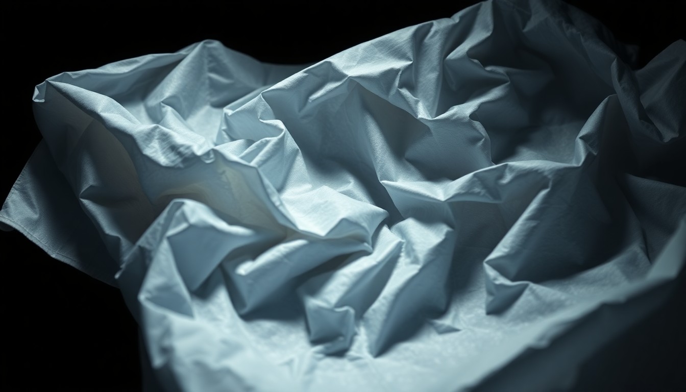 An abstract close-up of heavily textured, shimmering hospital gown fabric in dramatic, high-contrast lighting, conceptually representing the intense drama and emotional stakes of the medical cases featured in the TV series The Pitt.