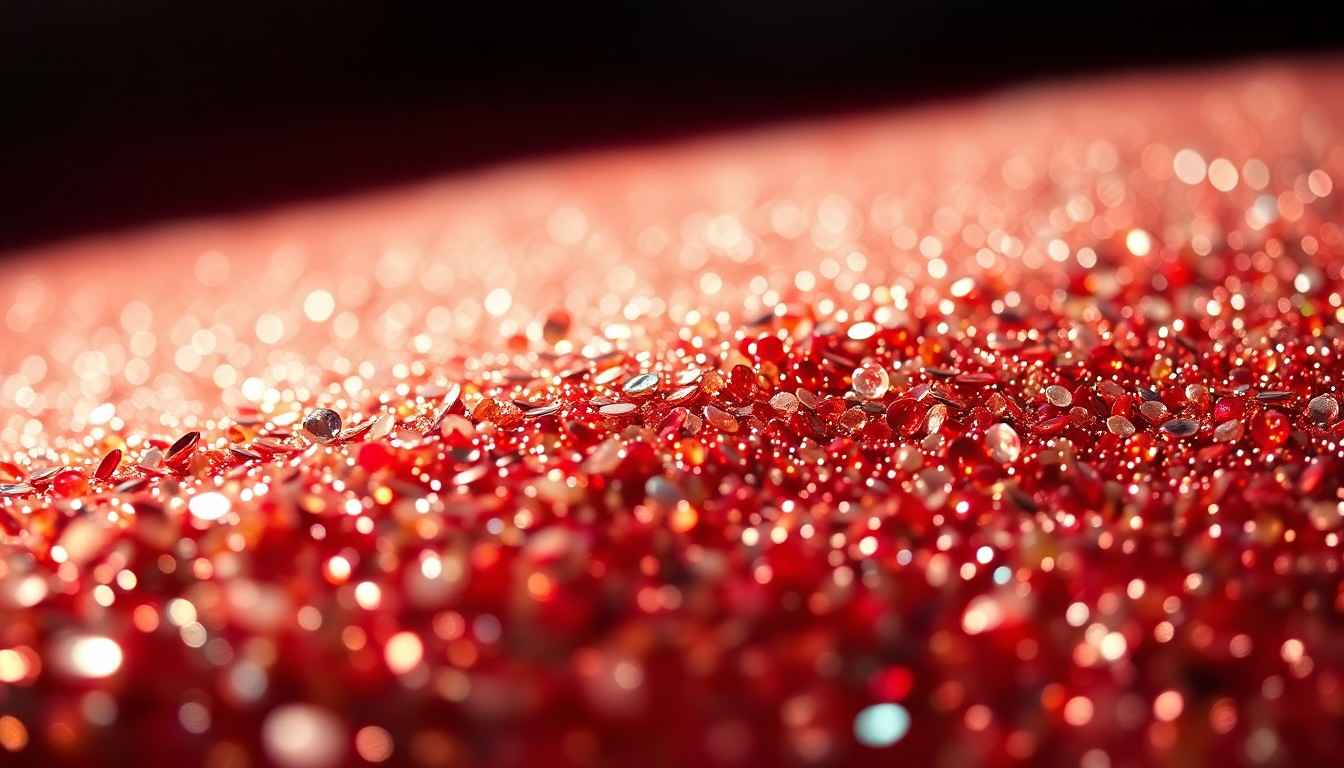 An extreme close-up photograph showcasing the luxurious textures of sparkling sequins and glittering crystals, capturing the high-fashion aesthetic of a red carpet movie premiere event.