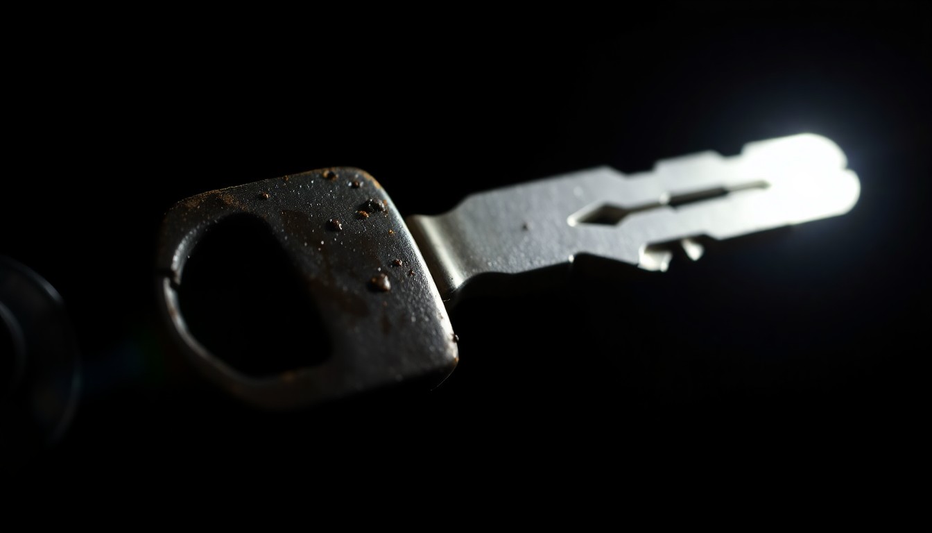 An extreme close-up photograph of a worn, weathered metal object against a pitch-black background, conceptually representing the gritty, investigative nature of this decades-old missing person case.